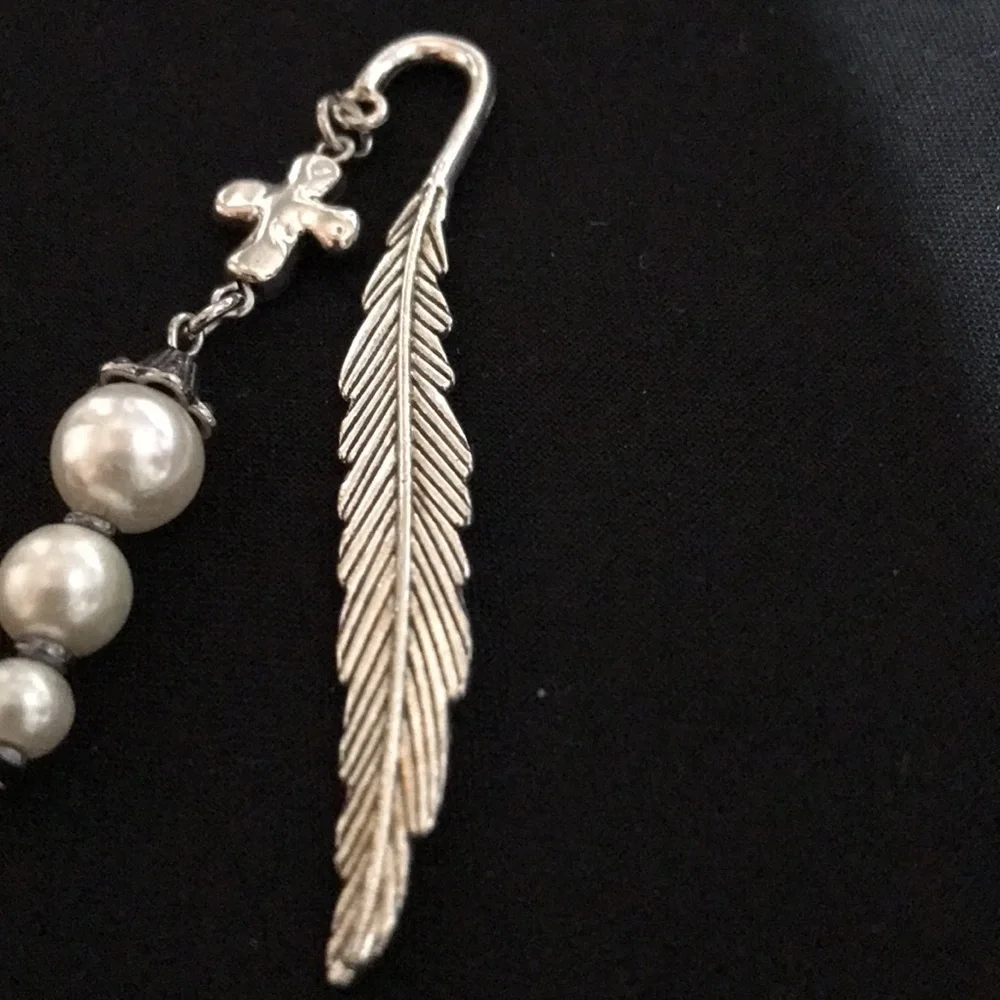 Metal Feather Hook Bookmark w/Metal Cross Bead & 3 White Glass Beads w/Bead Cap